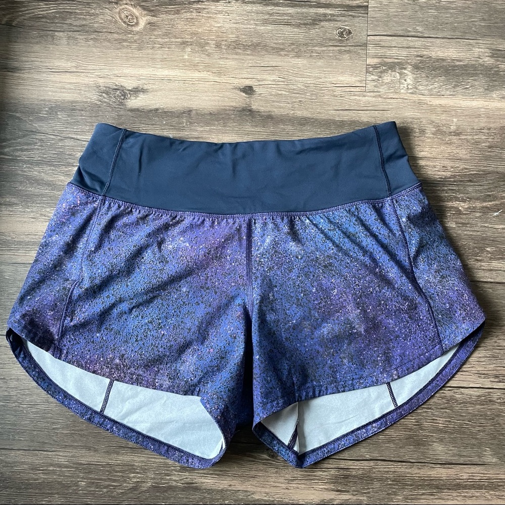 Speed Up Mid-Rise Lined Short 4” Inseam Space Print Blue/Purple Size 4